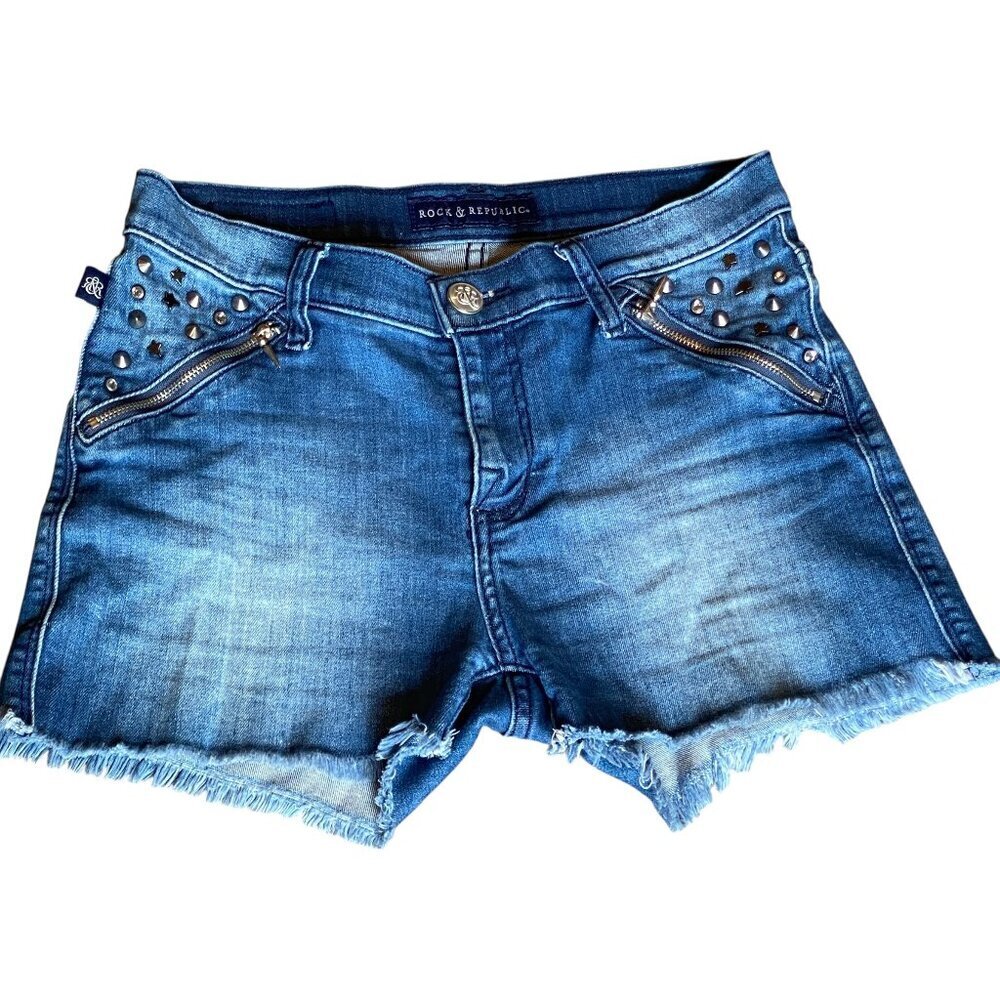 Rock & Republic Lala Blue Denim Studded Cotton Straight Leg Shorts Sz 9 #195T